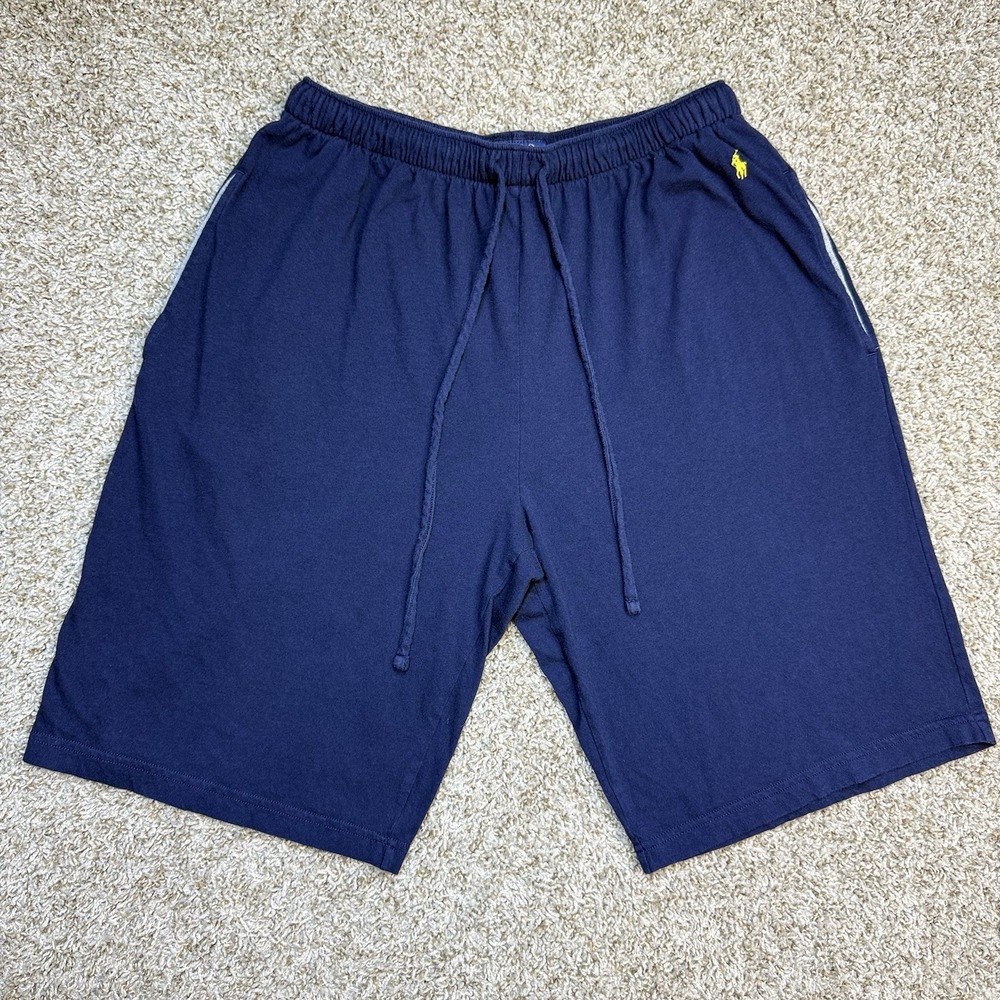 Polo Ralph Lauren Mens M Navy Cotton Sleep Shorts Yellow Pony Drawstring 11in